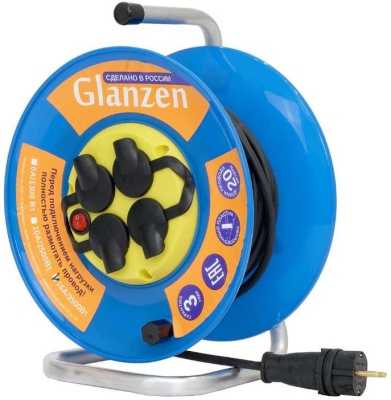 Удлинитель силовой на катушке GLANZEN с выкл. 4 гн. КГ 3х1,5 IP44 арт. EB-20-009 Удлинители, сетевые фильтры, разветвители фото, изображение